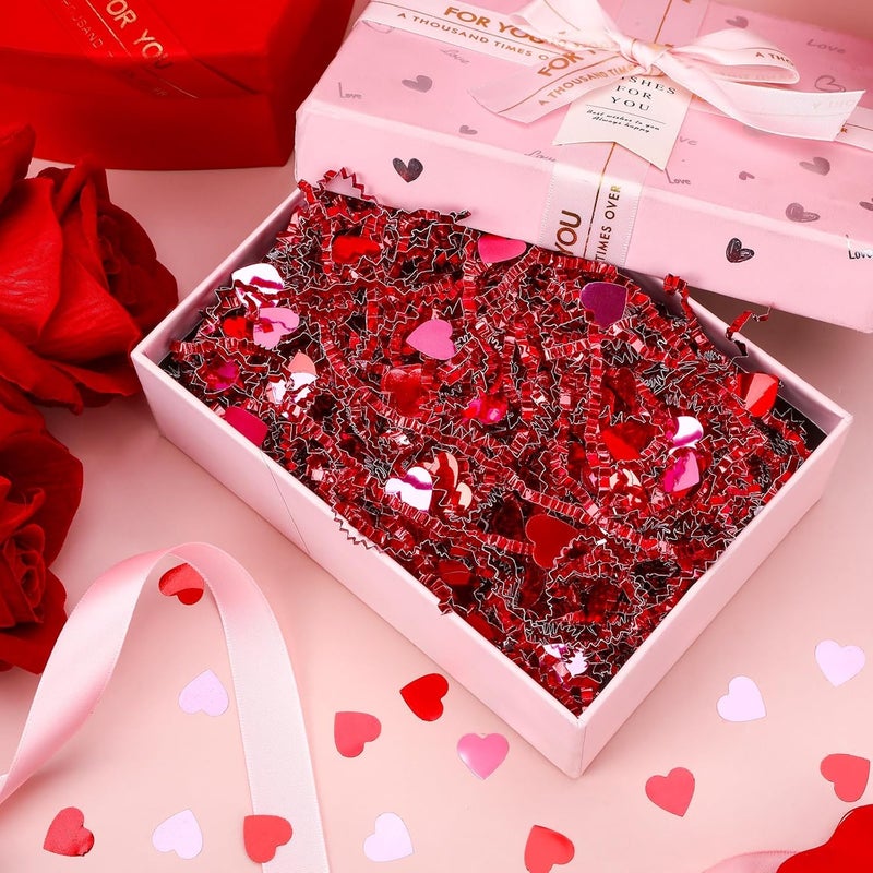 Jansun 115g/4oz Valentine's Day Crinkle Cut Paper, Metallic Red Paper Shred Filler with Red Pink Heart Confetti for Gift Wrapping Craft Gift Box Basket Filler Valentines Wedding Party Decorations - Image 3